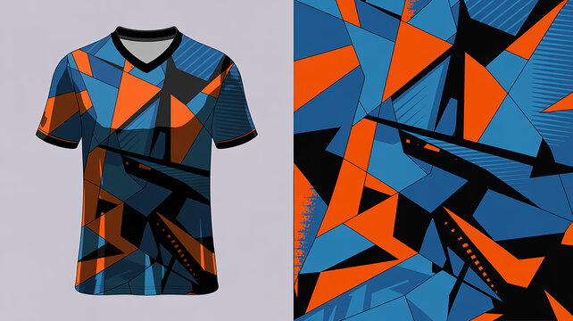 A sports jersey design mockup featuring a dynamic geometric pattern in blue, orange, and black colors