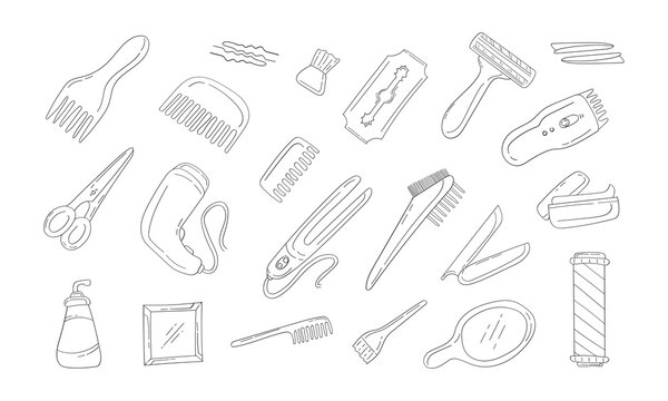 barber icon, hand drawn barbershop icon, doodle barber equipment icon set