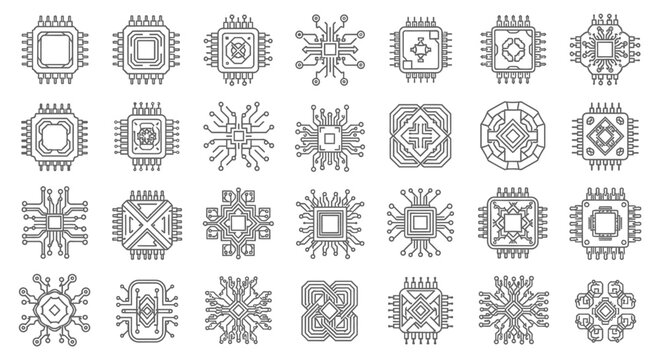 A comprehensive collection of abstract line art designs depicting various microchips, integrated circuits, and electronic processor components.