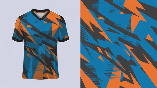 A sports jersey design mockup featuring a dynamic geometric pattern in blue, orange, and black colors