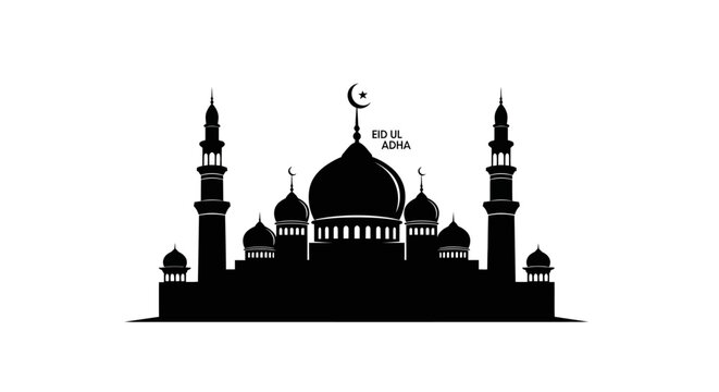 EID -UL ADHA Mosque silhouette, Islamic architecture, black vector icon, religious building, crescent moon vector