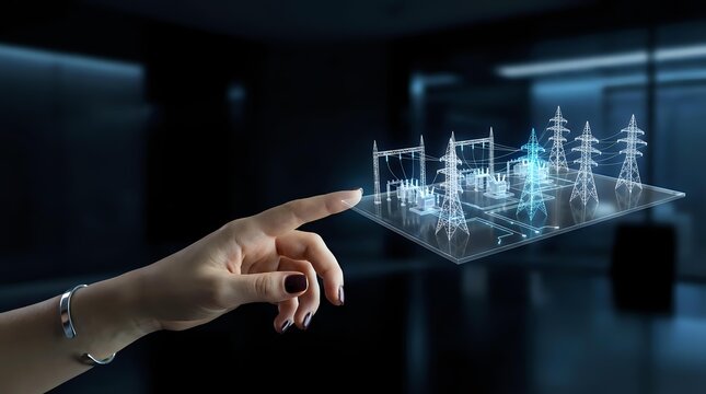 Smart grid technology concept with hand pointing at holographic power infrastructure display showing transmission towers and renewable energy systems.