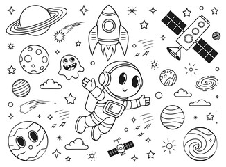 Obraz premium Cute Space Coloring Page with Cartoon Astronaut Rocket Planets and Stars Outline Illustration