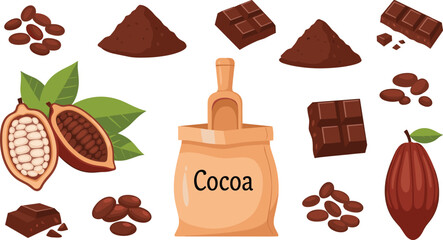 Obraz premium Cocoa and Chocolate Ingredient Set Illustration with Beans Powder Bars and Cacao Pods for Dessert Production and Food Ingredient Design Collection