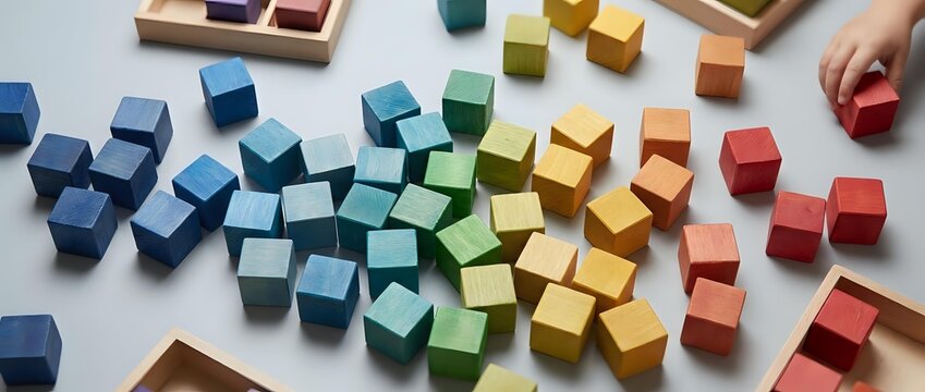 Colorful wooden toy blocks scattered on white surface with child hand reaching for red cube. Educational Montessori learning materials for development.
