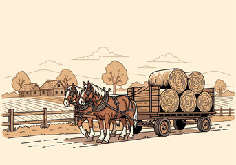 Vintage Style Illustration of Two Draft Horses Pulling a Wagon with Hay Bales in a Rural Countryside Farm Landscape © iwan