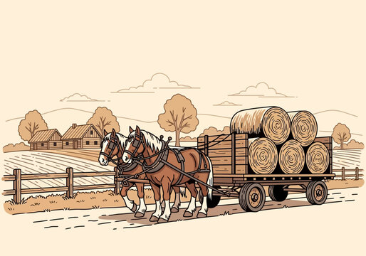 Vintage Style Illustration of Two Draft Horses Pulling a Wagon with Hay Bales in a Rural Countryside Farm Landscape