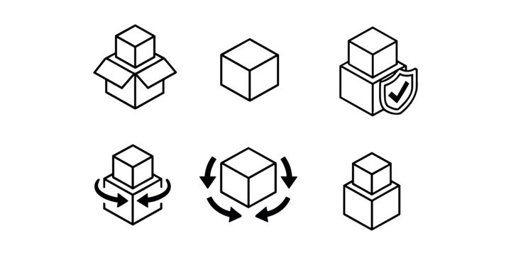 Six isometric line depicting boxes and logistics concepts collection simple clean minimal black and white 260