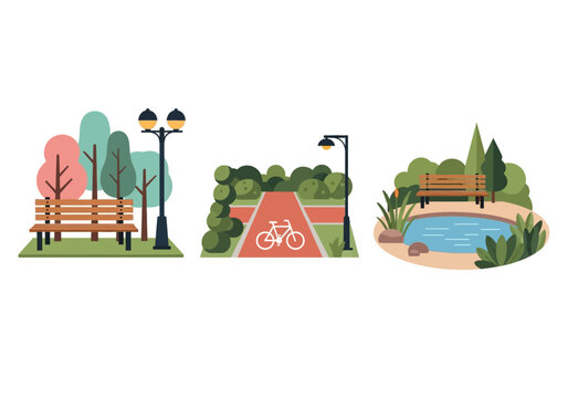 Set of City Park Vector Illustrations Featuring Benches, Bicycle Path, Pond, Trees and Street Lamps for Urban Lifestyle and Outdoor Recreation Design
