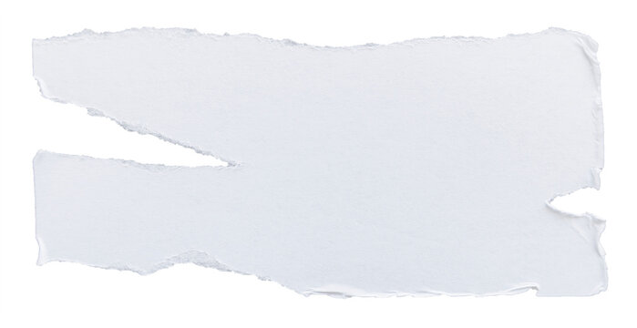 Long torn white paper banner with side notch, horizontal ripped paper scrap isolated on transparent background, realistic paper texture