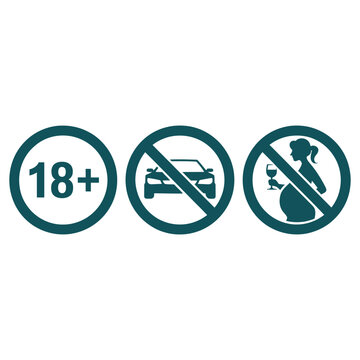 Set of dark teal warning icons featuring age limit eighteen plus with no driving and no drinking during pregnancy safety symbols.