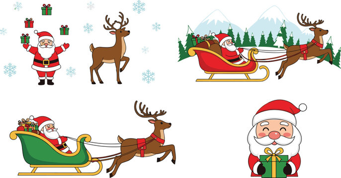 Christmas Santa Claus and Reindeer Sleigh Illustration Set with Gift Boxes Snowflakes and Winter Holiday Elements for Festive Season Design Collection