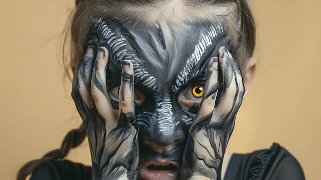 Video A woman with vibrant dragon design on her face, perfect for fantasy or mythological themed projects