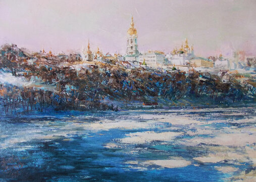 Artistic oil painting of a winter landscape in Kyiv with the Pechersk Lavra monastery overlooking the frozen Dnipro river