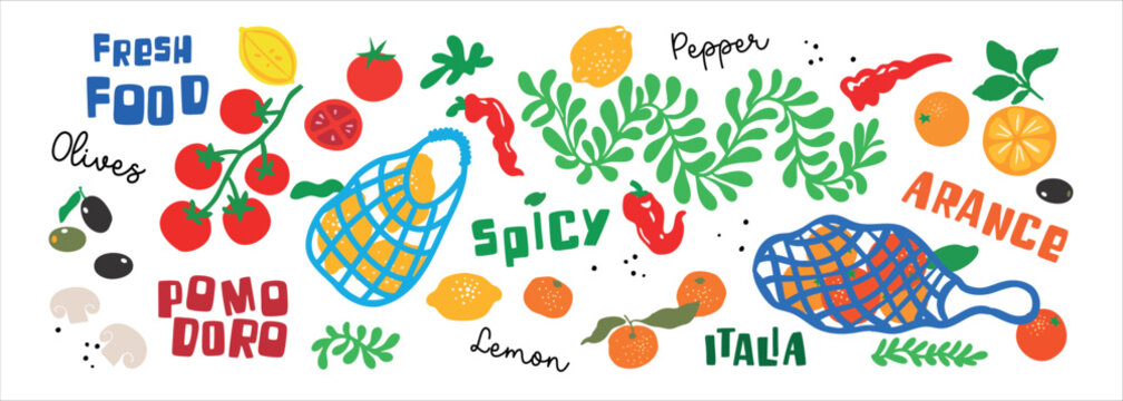 Fruits in bag set of vector elements for decoration, hand drawn , modern, creative food vector illustration 