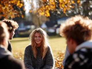 Fototapeta premium Young woman smiling while sitting with friends in autumn park 