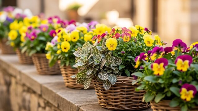 Colorful flower baskets arranged on a stone ledge showcasing vibrant pansies and decorative foliage in a charming outdoor setting perfect for gardening or floral display advertising