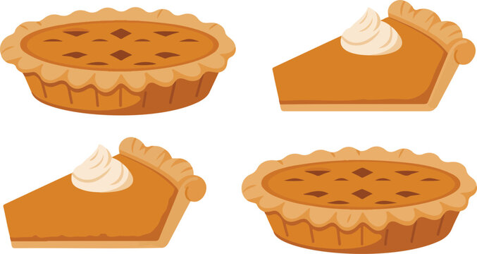 Pumpkin pie set with whole and slice views flat cartoon vector illustration lattice crust dessert collection isolated on white background