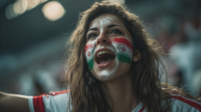 Euphoric woman in a football stadium with her face painted with the colors of the Iranian flag, cheering and supporting her team.