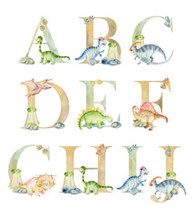 Vector watercolor dinosaurs letters for invitation card, nursery poster and other. © Tapilipa