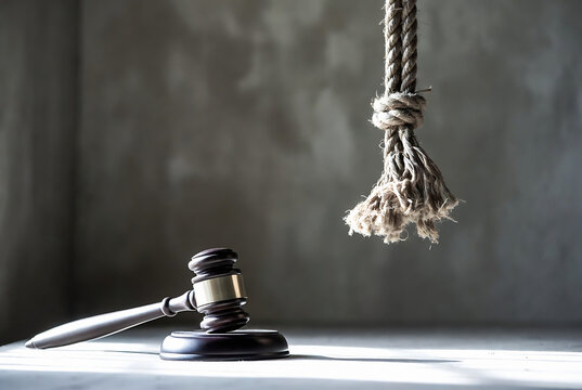 A gavel hangs over a dark background, symbolizing legal judgment and potential punishment.