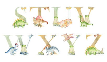 Vector watercolor dinosaurs letters for invitation card, nursery poster and other. © Tapilipa