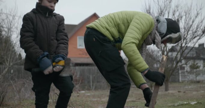 Men with kid cut branches in backyard and stockpile firewood in shed for winter. 4K 10-bit