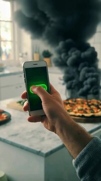Cooking mishap ordering food delivery on smartphone with smoke background for funny ads and social media