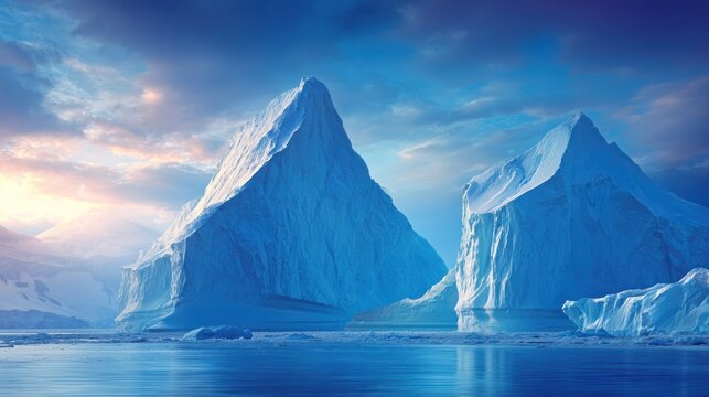 Majestic icebergs floating on calm ocean under cloudy sky
