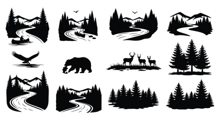 Fototapeta premium Black and white wilderness scene with river forest wildlife and mountain elements