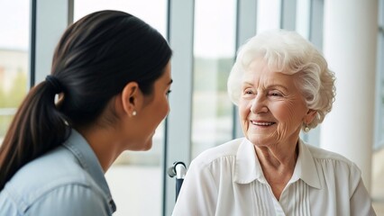 Fototapeta premium Caring young woman talking to elderly senior woman in a bright modern healthcare or nursing home setting with large windows and natural light for compassionate caregiving imagery