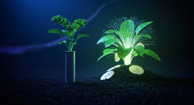 Prosperous Low-angle cinematic of A lush kale sprout growing in a sleek vertical hydroponic pipe ...