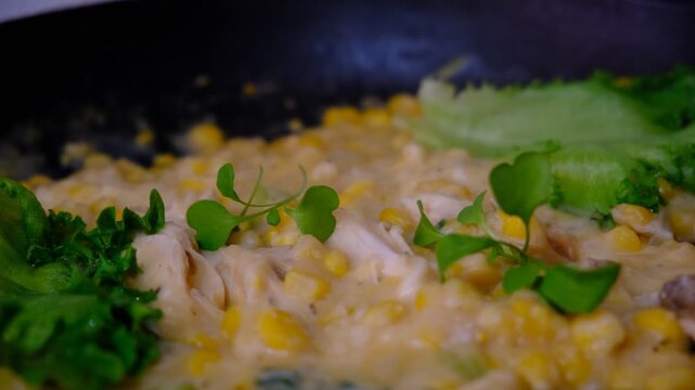 Comfort chicken stew with Sweet Corn and Fresh Greens. Tender chunks of chicken and sweet corn kernels in a thick, velvety cream base. Fresh lettuce add a crisp, Creamy Chicken and Corn Chowder