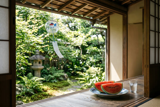 Watermelon and wind chime on a Japanese porch with a lush zen garden background.