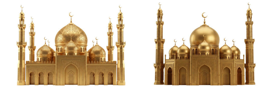 Golden mosque models isolated on transparent background for architecture design PNG