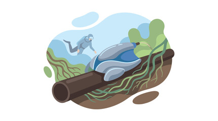 Fototapeta premium Advanced underwater robotic device inspects damaged subterranean pipes entangled with invasive tree roots while a professional diver monitors the process.