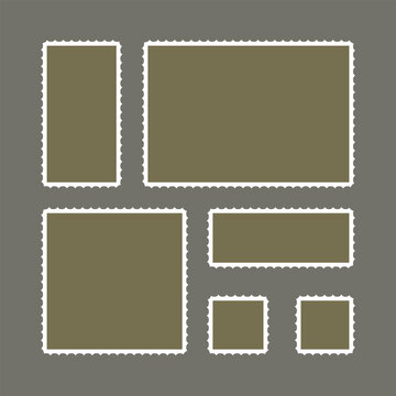 Collection of various brown postage stamp shapes with white borders on gray background for design and communication purposes  sample template