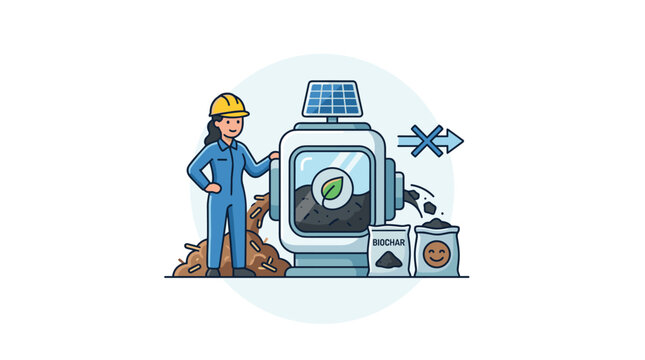 Skilled female technician wearing a yellow hard hat operates a solar-powered biochar production machine in a clean and bright industrial environment.