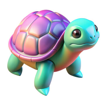 Realistic 3d plastic toy turtle with smooth rounded edges and vibrant gradient shell transparent background