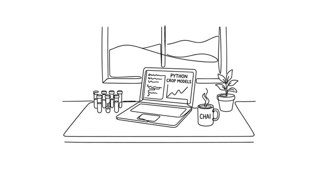 A minimalist black line drawing of a laptop displaying complex Python crop models sits beside glass soil test tubes and a steaming cup of warm chai.