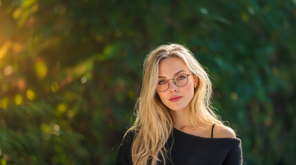 Naklejka premium young blonde woman with glasses in black off shoulder sweater against green background, portrait of attractive female model with blonde hair and glasses in natural light studio