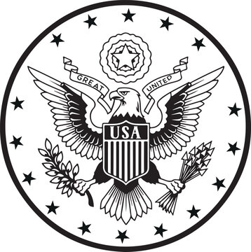 Black and white line art of a seal with a bald eagle holding an olive branch and arrows with stars.