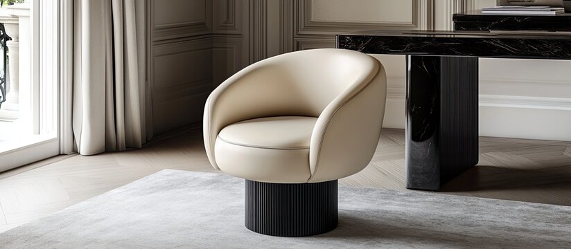 Sculptural Cream Leather Swivel Chair on a Fluted Base in a Sunlit, Elegant Classic Room