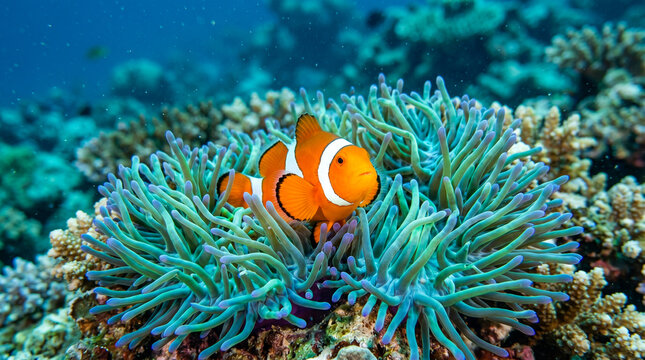 Pez payaso vibrante en an&eacute;mona marina con iluminaci&oacute;n cinematogr&aacute;fica y colores intensos en entorno tropical submarino.
