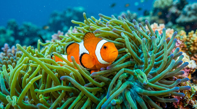 Pez payaso vibrante en an&eacute;mona marina con iluminaci&oacute;n cinematogr&aacute;fica y colores intensos en entorno tropical submarino.