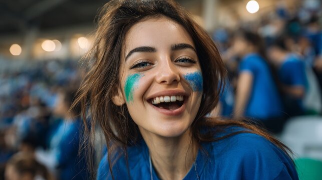 Euphoric woman in a football stadium with her face painted with the colors of the Uzbek flag, cheering and supporting her team.