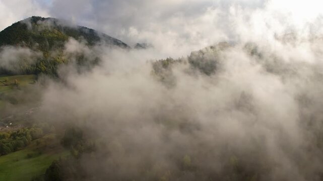 Misty mountain forest aerial view. Foggy morning in the mountains clouds over green hills.