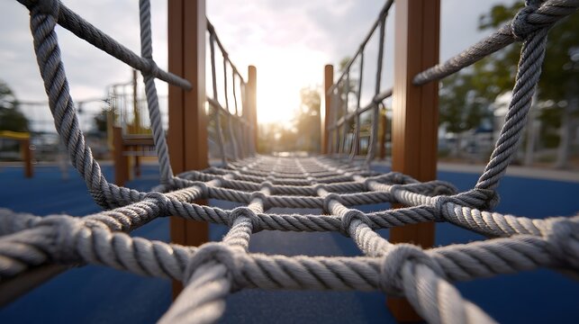 A close up view down an elevated rope barrier walkway at dusk leading the eye toward a soft golden light source in the distance