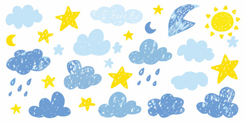 Obraz premium Child s drawing featuring yellow stars a crescent moon and fluffy clouds