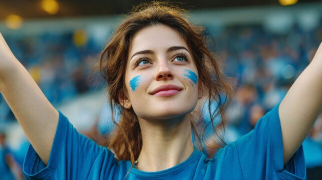 Euphoric woman in a football stadium with her face painted with the colors of the Uzbek flag, cheering and supporting her team.